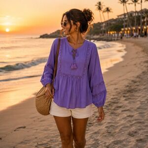 Johnny Was Calme Yoke Trim Blouse‎ Paisley Purple Crochet Lace Top S NWT Flaw